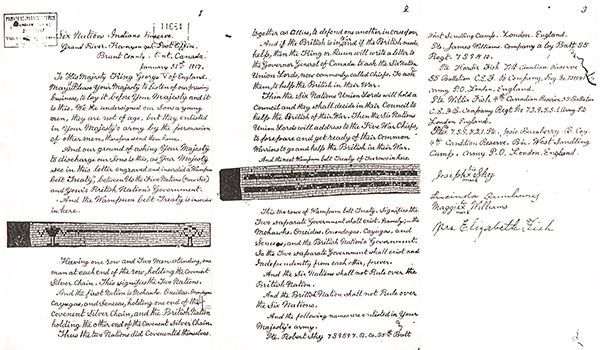 Two-Row and Covenant Chain wampum belts. This document was produced by a group of women from the Six Nations of the Grand River who, in 1917, petitioned King George V, citing the wampum belts as records of their agreement with the Crown that they would never again be compelled to fight in foreign wars. The agreements highlighted the concept of sovereignty association between the Crown and the Six Nations Confederacy. Objections such as these all contributed to the 1918 passing of Order-in-Council 111, which officially exempted status Indians from combat duties, although they could still be conscripted for non-combat roles. 
