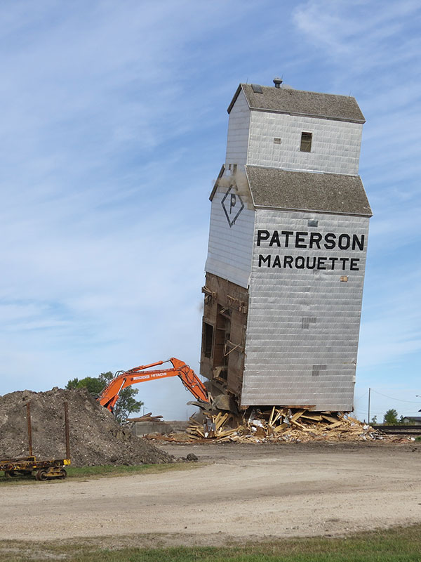 Timber! In September 2013, Winnipeg photographer Morgan Turney captured the final moments of the elevator at Marquette. The demolition technique is akin to felling a tree: the equipment operator chops at the base of the elevator until it topples.