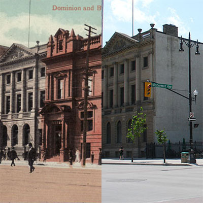 A collection of photos of specific Winnipeg sites as seen in early 20th century postcards compared to 2007.