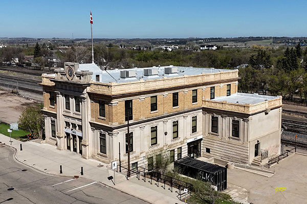 Aerial view of the former Canadian Pacific Railway station at Brandon