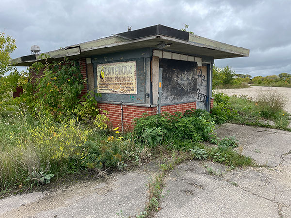 Overgrown security checkpoint for the former Campbell Soup plant at Portage la Prairie