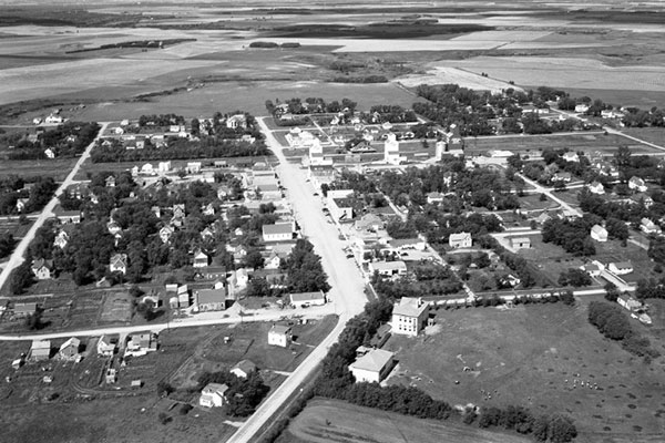 Two school buildings in the foreground of this aerial view of Crystal City