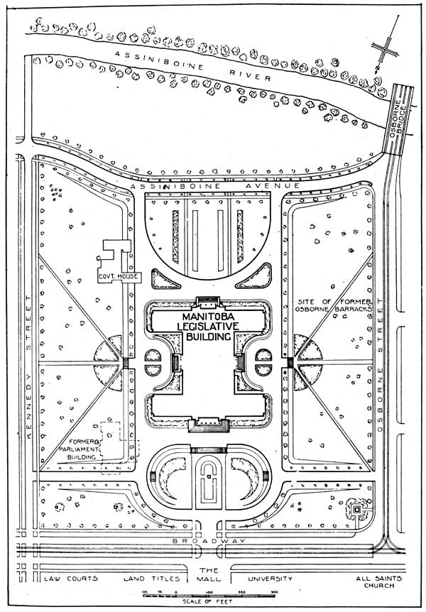 Map of the grounds at the present-day Legislative Building, showing the location of the second Legislative Building, which stood at the site from 1884 to 1920