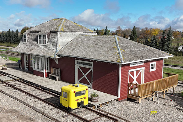 Aerial view of the former Canadian Pacific Railway station from La Riviere at Manitou