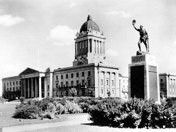 Legislative Building with the Next of Kin Monument at right