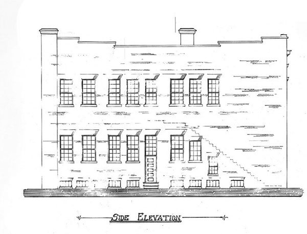 Architectural plans for the side elevation of the Segal Bakery Building