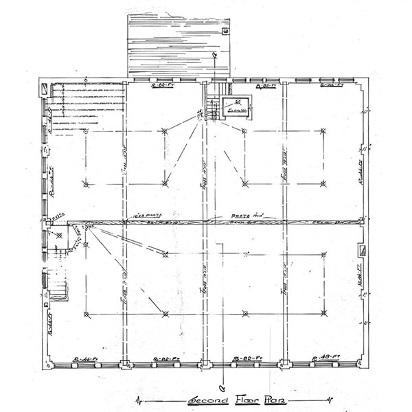 Architectural plans for the second floor of the Segal Bakery Building