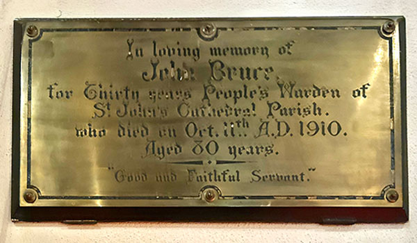 Plaque inside the St. John’s Anglican Cathedral for People's Warden John Bruce