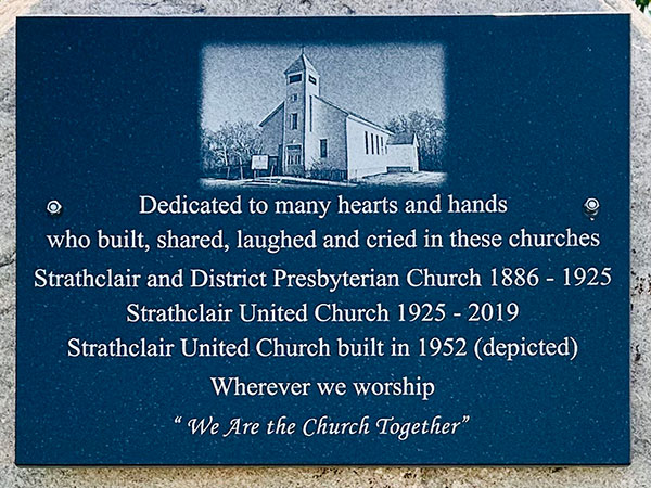 Plaque on the Strathclair United Church commemorative monument