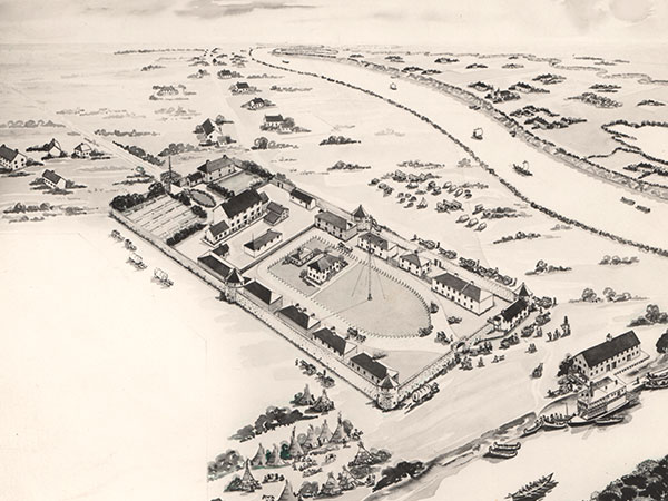 Drawing of aerial view of Upper Fort Garry